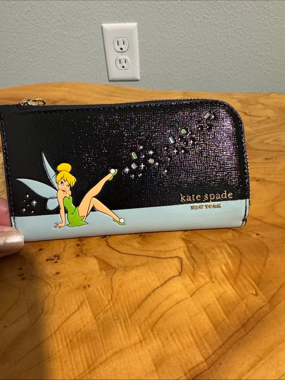 kate spade Black & Light Blue Tinker Bell Zip-Around Wallet with Green Accent